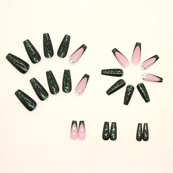 NWT 24Pcs Long Coffin Press-On Nails False Fake Rhinestone French Design Green - Picture 4 of 8